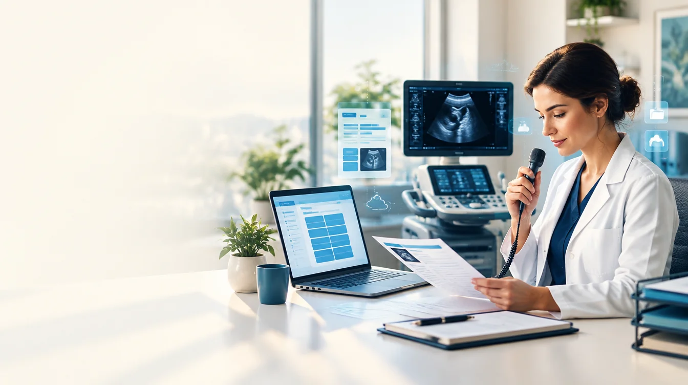 Illustrative artwork of a physician reviewing a report in an ultrasound workspace